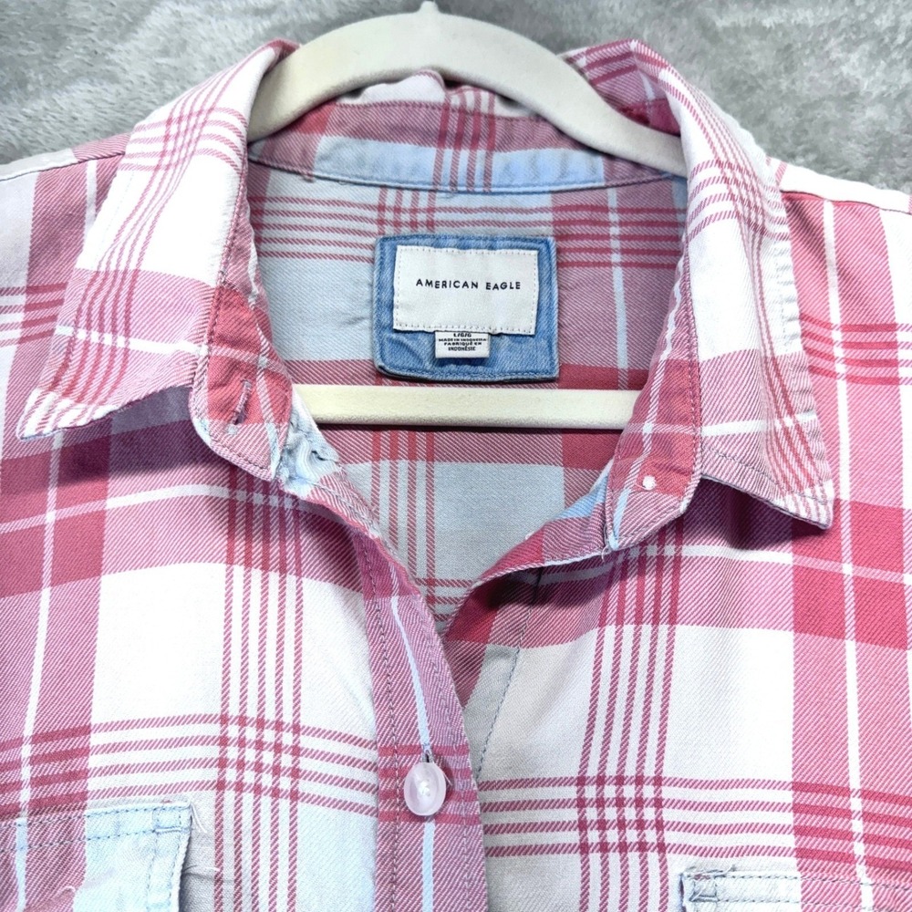 American Eagle Oversized Plaid Shirt Womens XL Pink Blue Cotton Button Down Fall - Picture 9 of 16
